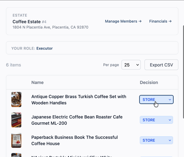 Demo of choosing to keep, sell, or donate items in the Keepsake app